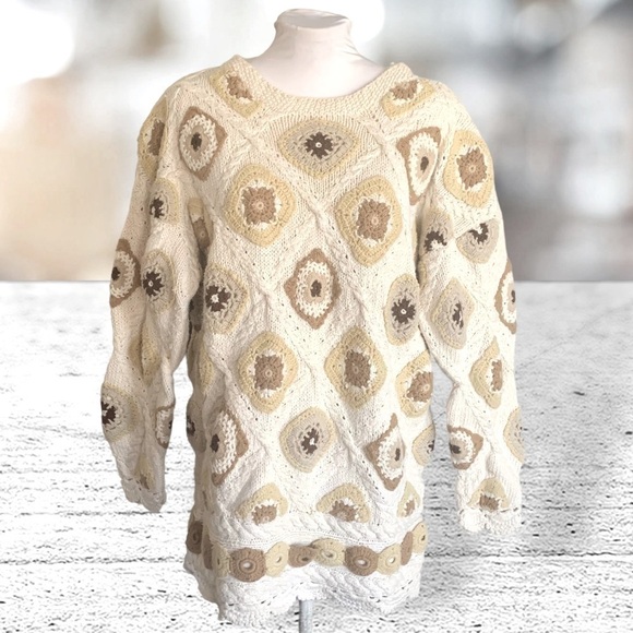 Vintage Afghan Granny Square Pattern Sweater Neutral Cottagecore Sz L - Picture 1 of 11